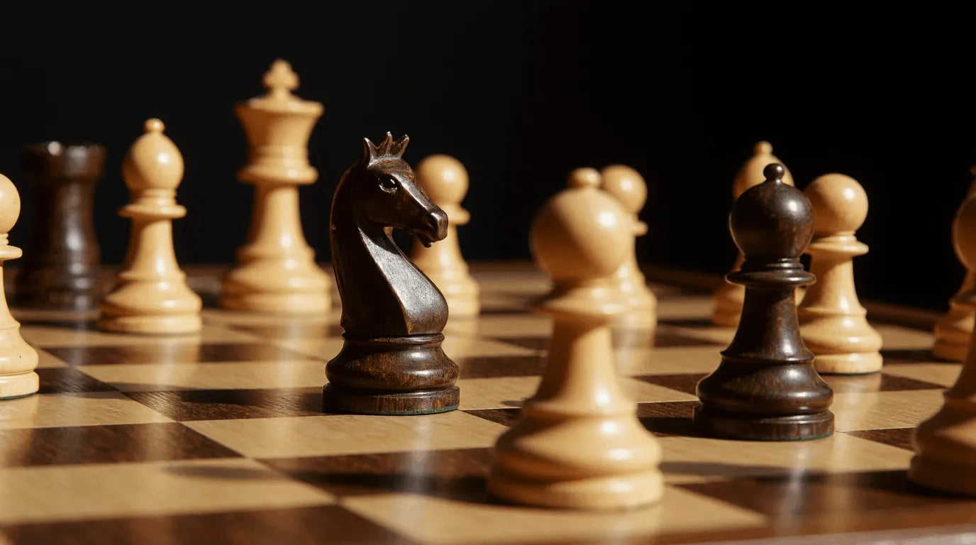Cavalier et dame en position sur un échiquier en bois lors d’une partie.