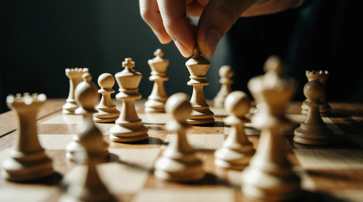 Roi d’échecs menacé par une pièce adverse sur un échiquier en bois.