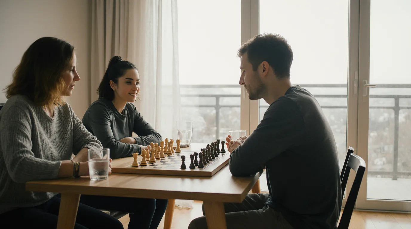 Placement des pièces sur un échiquier en bois avant le début d’une partie d’échecs.