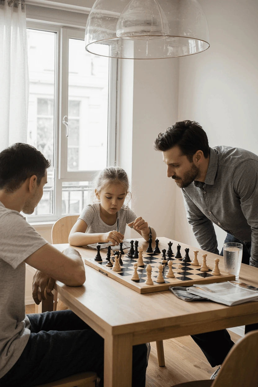 Jeu d’échecs en bois massif dans appartement moderne