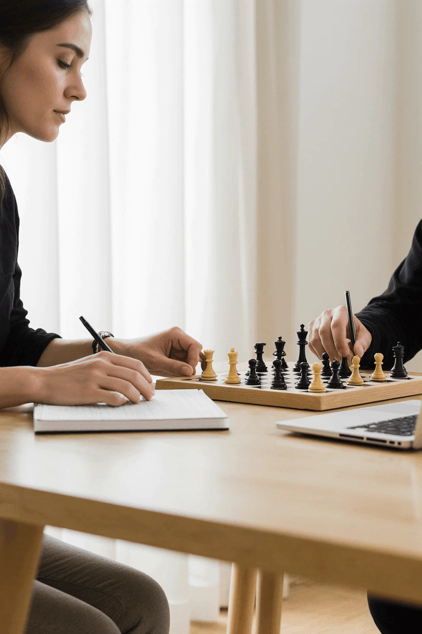 Jeu d’échecs en bois sur bureau intérieur moderne