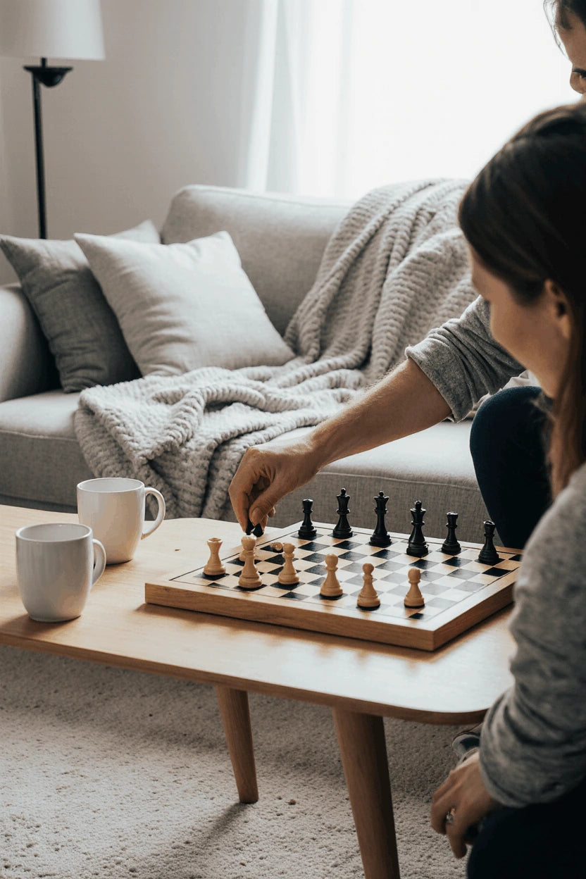 Échiquier en bois massif sur table intérieure moderne