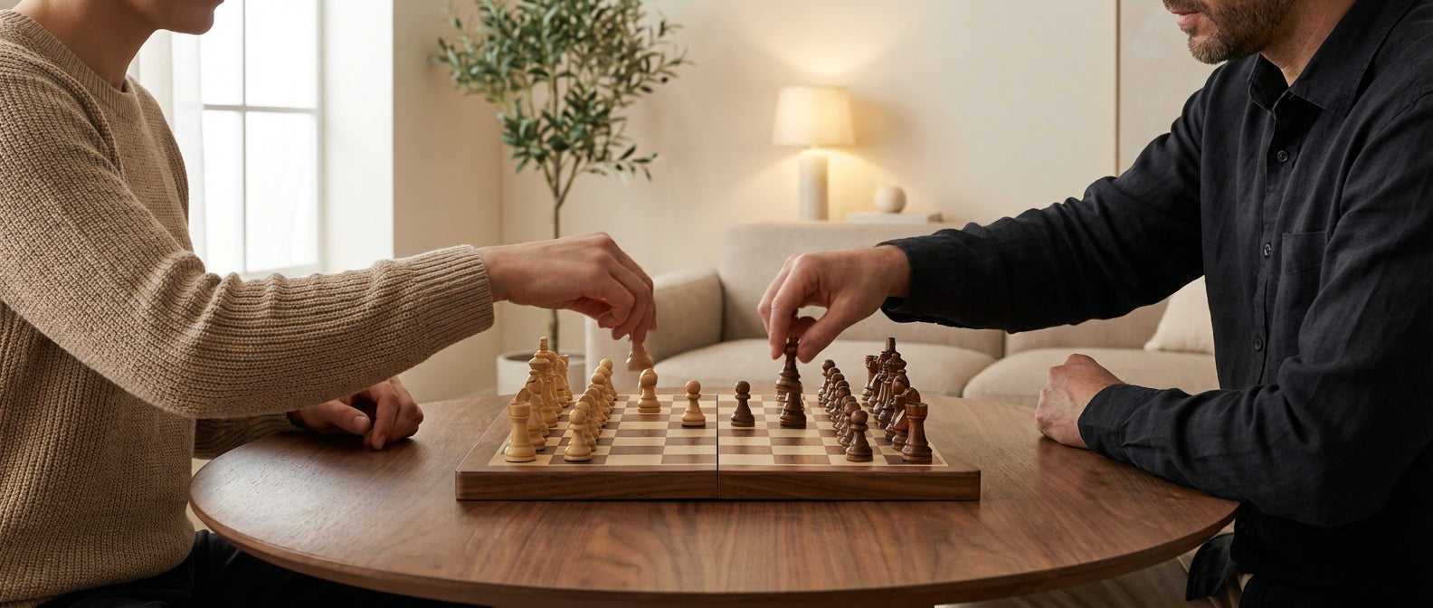 Deux personnes jouant aux échecs sur échiquier en bois massif